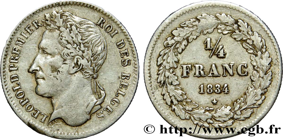 BELGIEN 1/4 Franc Léopold Ier tête laurée 1834 Bruxelles SS/fSS 