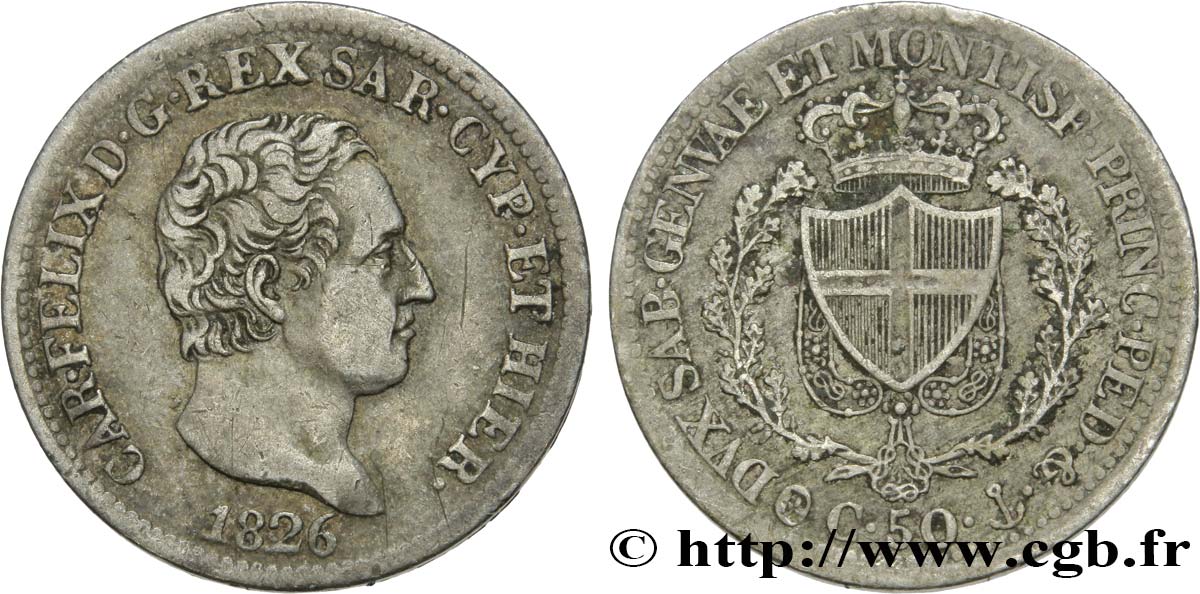 ITALY - KINGDOM OF SARDINIA - CHARLES-FELIX 50 Centesimi  1826 Turin XF 