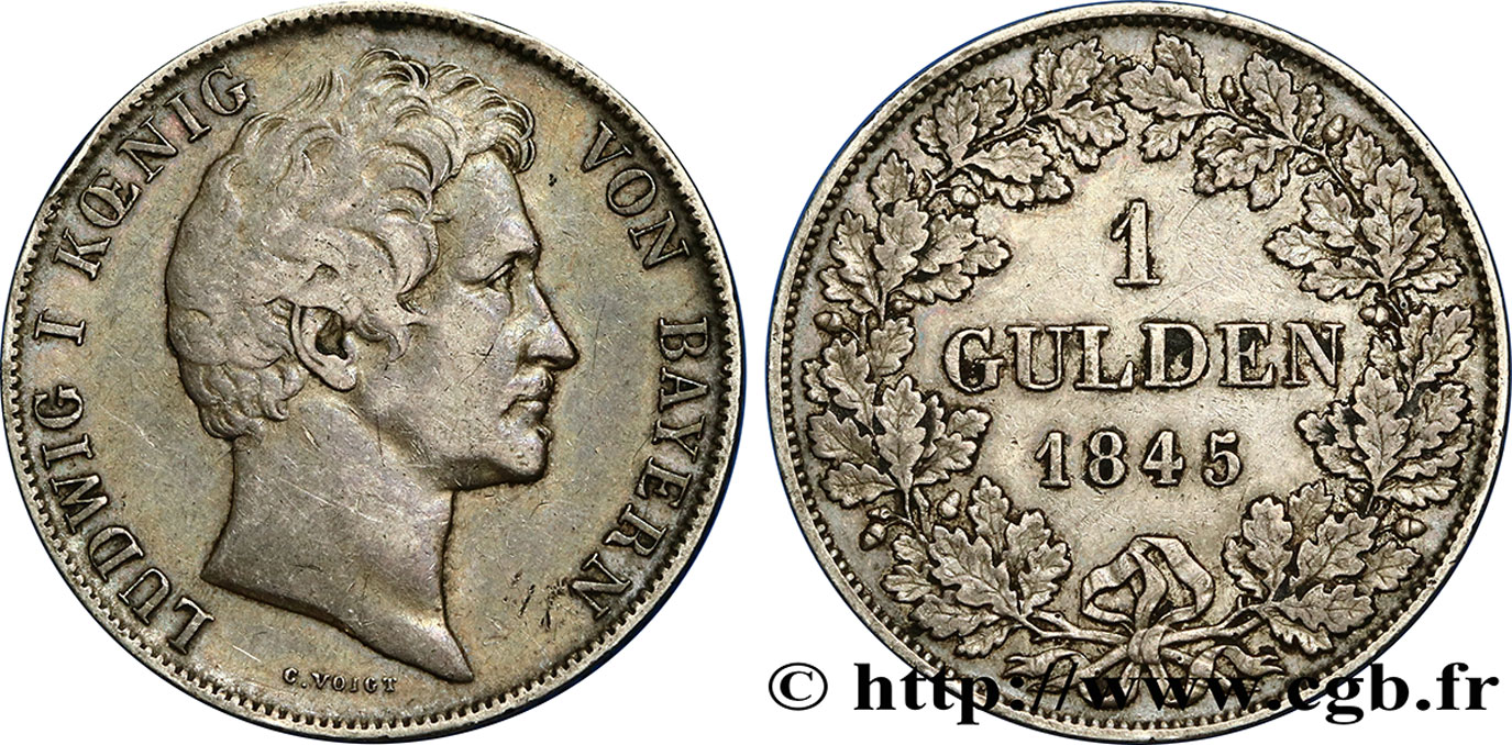 ALLEMAGNE - BAVIÈRE 1 Gulden Louis Ier 1845 Munich TTB 