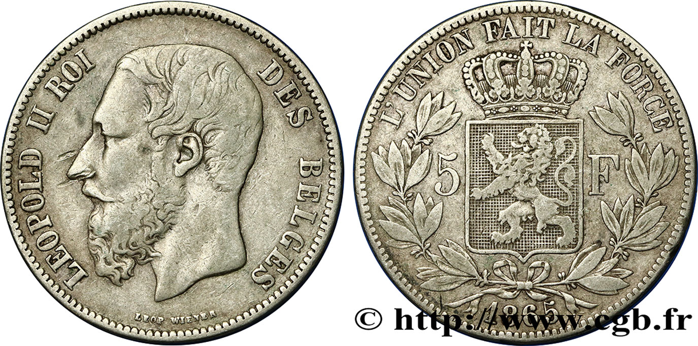 BELGIQUE 5 Francs Léopold II 1865  TB+ 