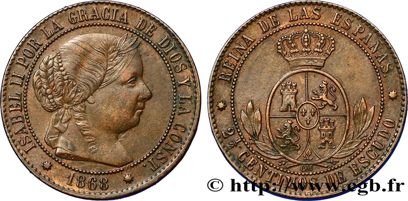 ESPAGNE 2 1/2 Centimos de Escudo Isabelle II 1868 Oeschger Mesdach & CO TTB+ 