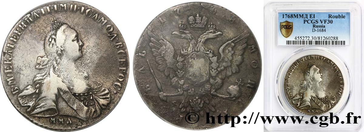 RUSSIA - CATERINA II 1 Rouble 1768 Moscou MB30 PCGS