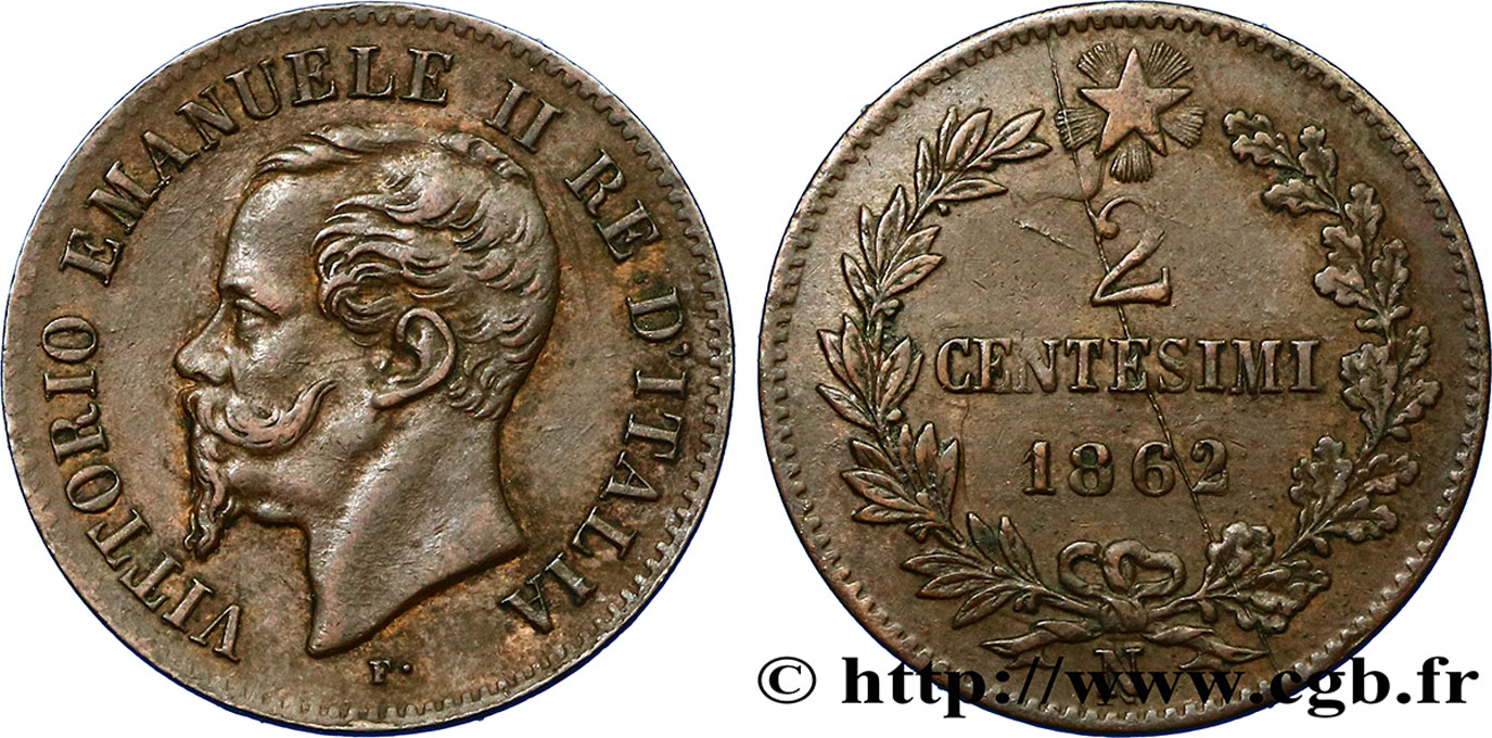 ITALY 2 Centesimi Victor Emmanuel II 1862 Naples AU 