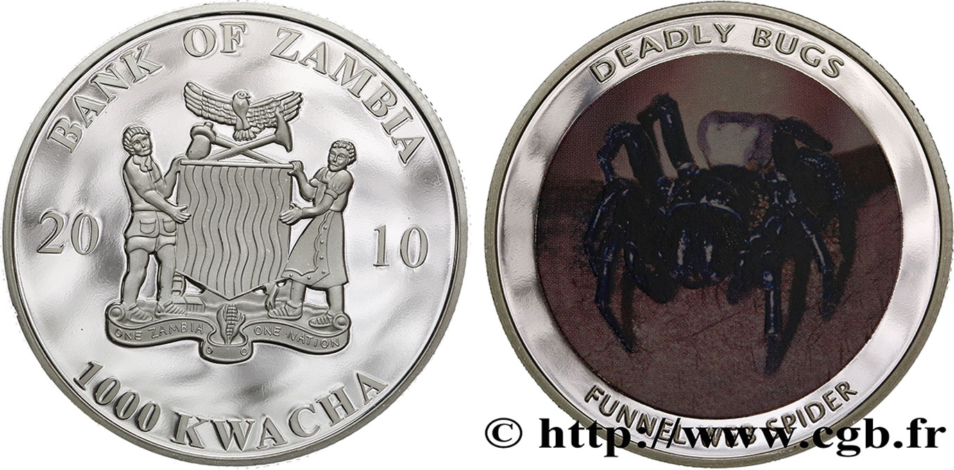 ZAMBIA 1000 Kwacha Proof série Insectes mortels : araignée à toile-entonnoir 2010  MS 