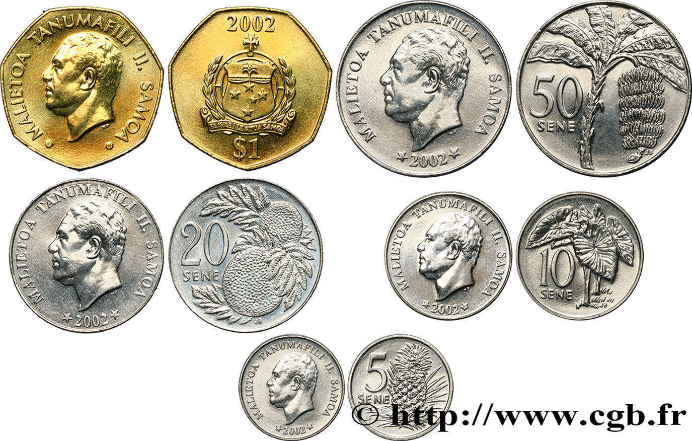 WESTERN SAMOA Lot de 5 monnaies 5, 10, 20 et 50 Sene, 1 Tala 2002  MS 