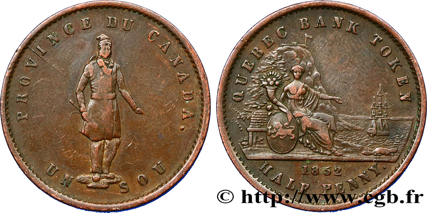 CANADA 1 Sous (1 Penny) Province du Bas Canada Québec Bank 1852 Boulton & Watt TTB 