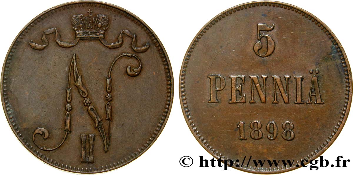 FINLANDE 5 Pennia monogramme Tsar Nicolas II 1898  TTB+ 