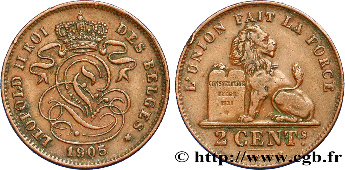 BÉLGICA 2 Centimes lion monogramme de Léopold II légende française 1905  MBC+ 