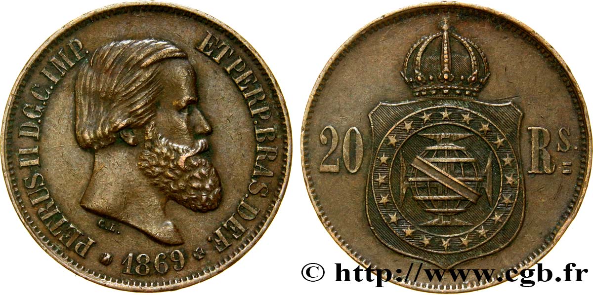 BRASILIEN 20 Réis Empereur Pierre II 1869  fVZ 