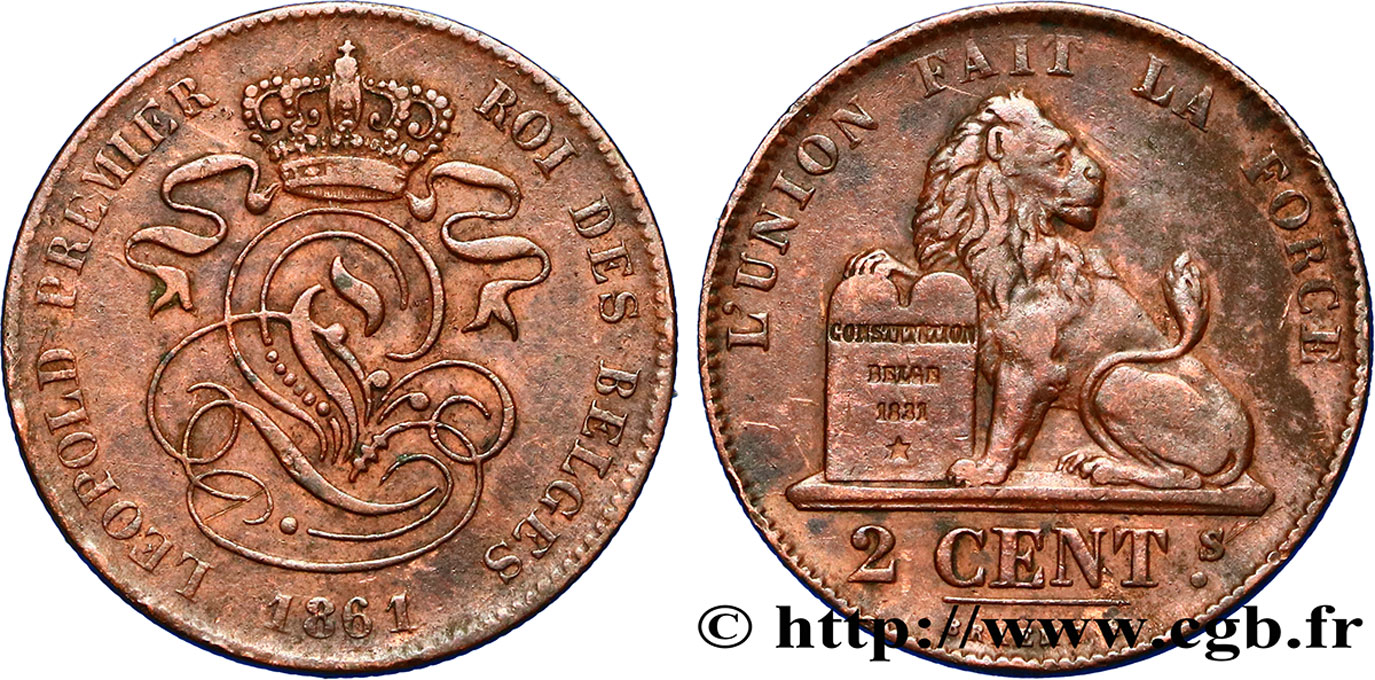 BELGIUM 2 Centimes monograme de Léopold couronné / lion 1861  XF 