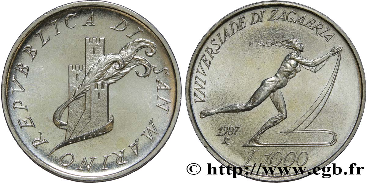 SAINT-MARIN 1000 Lire Universiade de Zagred 1987 Rome - R SPL 