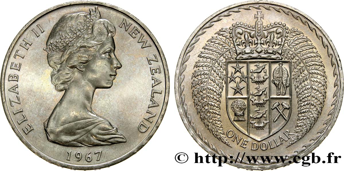 NOUVELLE-ZÉLANDE 1 Dollar Elisabeth II / Emblème couronné entouré de fougères 1967 Royal British Mint SUP 