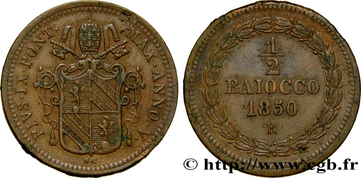 VATICAN AND PAPAL STATES 1/2 Baiocco an V 1850 Rome XF 