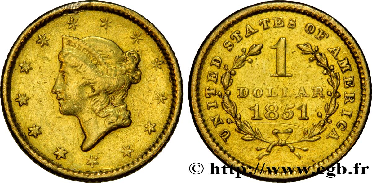 ÉTATS-UNIS D AMÉRIQUE 1 Dollar Or  Liberty head  1er type 1851 Philadelphie TTB 