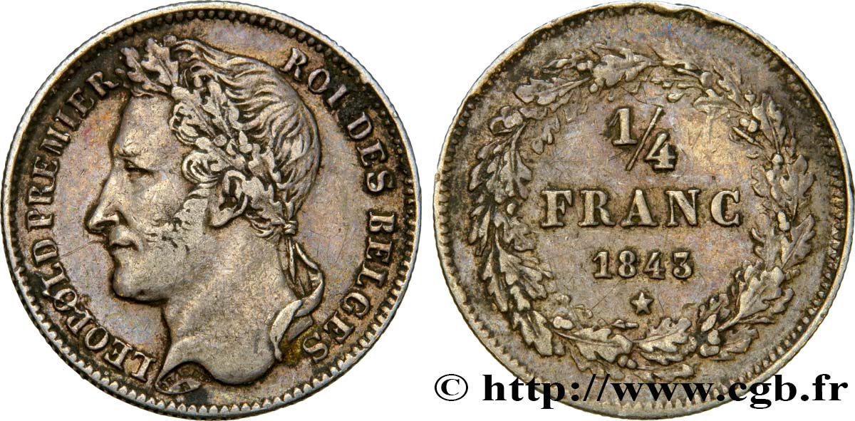 BELGIQUE - ROYAUME DE BELGIQUE - LÉOPOLD Ier 1/4 Franc tête laurée 1843  BB 