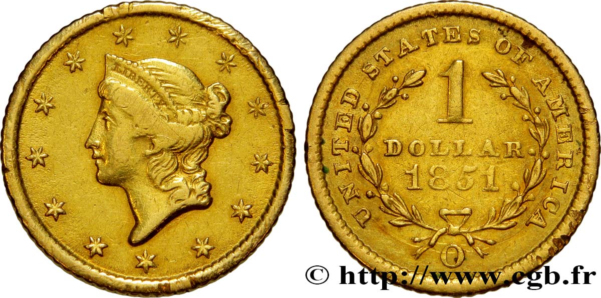 ÉTATS-UNIS D AMÉRIQUE 1 Dollar Or  Liberty head  1er type 1851 La Nouvelle-Orléans TB+ 