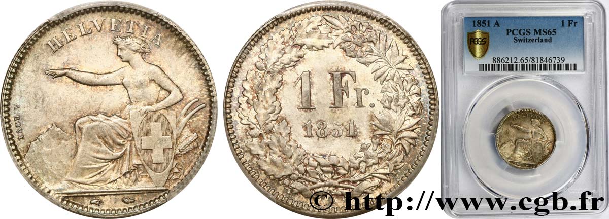 SUISSE - CONFÉDÉRATION HELVÉTIQUE 1 Franc Helvetia assise 1851 Paris FDC65 PCGS