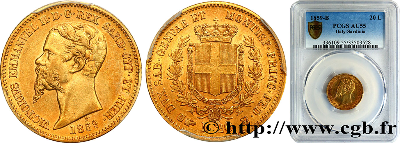 ITALY - KINGDOM OF SARDINIA 20 Lire Victor Emmanuel II 1859 Turin AU55 PCGS