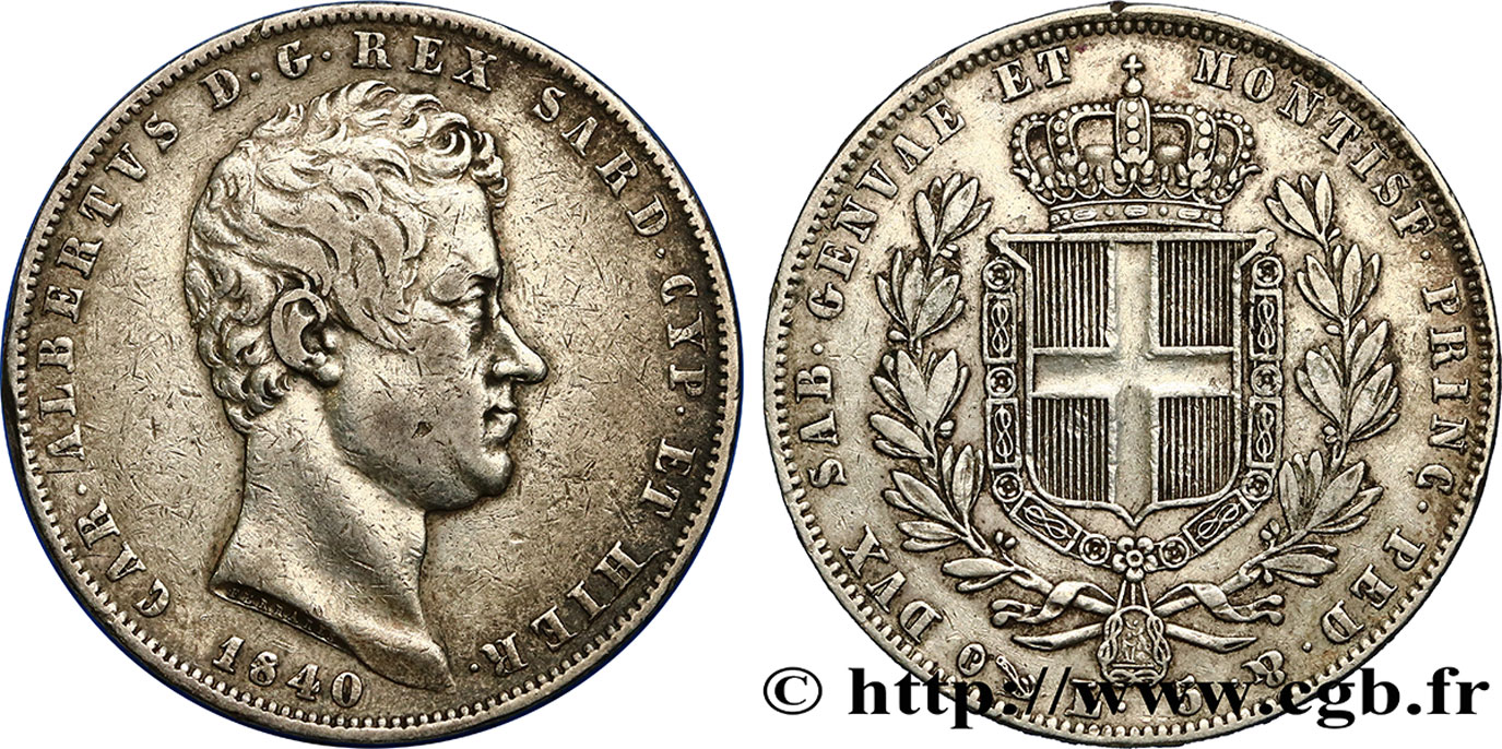 ITALY - KINGDOM OF SARDINIA - CHARLES-ALBERT 5 Lire  1840 Gênes XF 