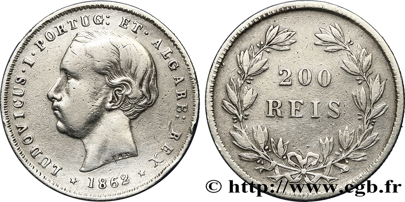 PORTUGAL 200 Reis Louis Ier 1862  TB+ 