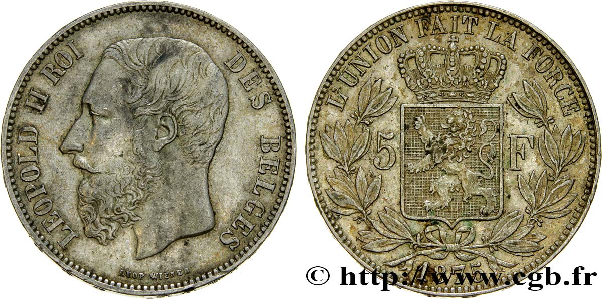 BELGIQUE 5 Francs Léopold II 1875 TTB