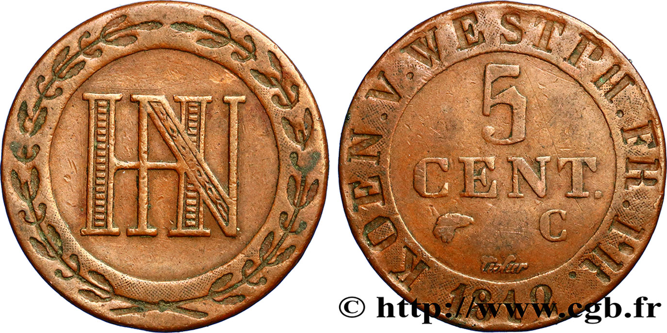 GERMANY - KINGDOM OF WESTPHALIA 5 Centimes monogramme de Jérôme Napoléon 1812 Cassel XF 