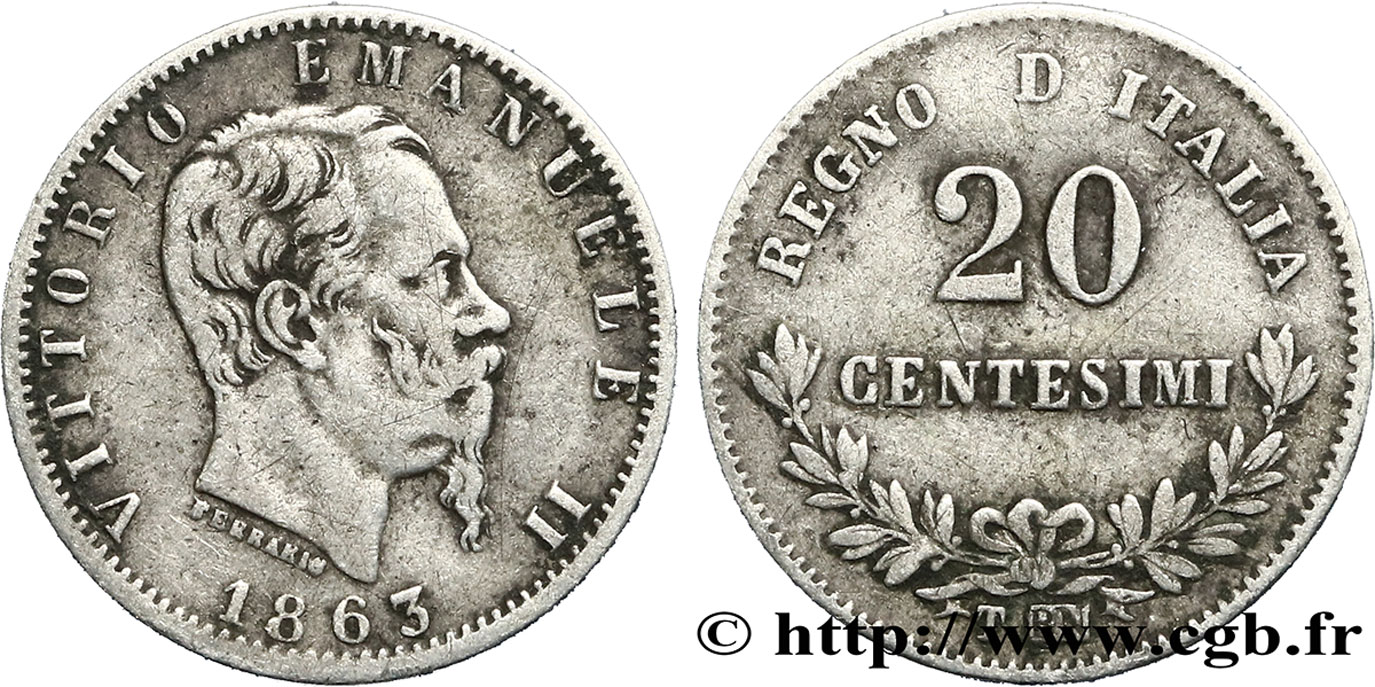 ITALIEN 20 Centesimi Victor Emmanuel II 1863 Turin SS 