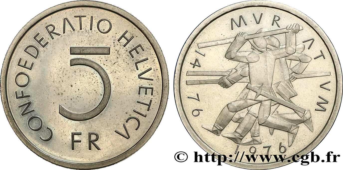 SCHWEIZ 5 Francs 500e anniversaire de la bataille de Murten 1976 Berne - B VZ 