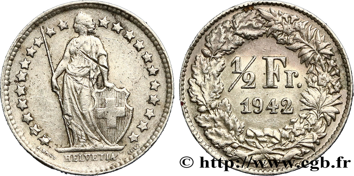 SUISSE 1/2 Franc Helvetia 1943 Berne - B TTB 