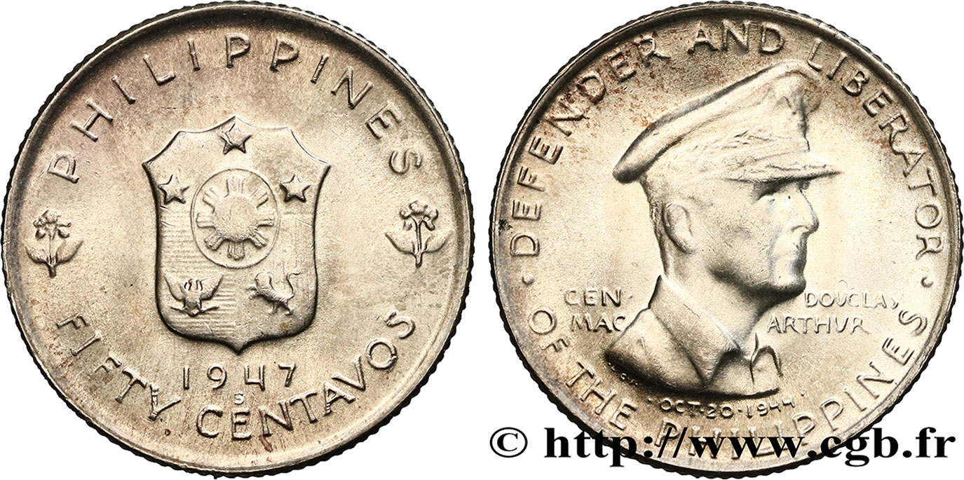 PHILIPPINES 50 Centavos Douglas McArthur 1947 San Francisco SPL 