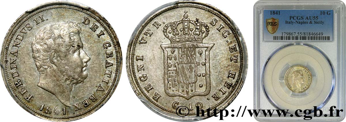 ITALY - KINGDOM OF THE TWO SICILIES - FERDINAND II 10 Grana 1841  AU55 PCGS