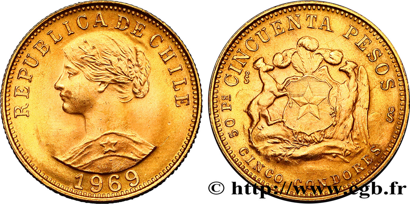 CHILE - REPUBLIC 50 Pesos or ou 5 condores 1969 Santiago MS 