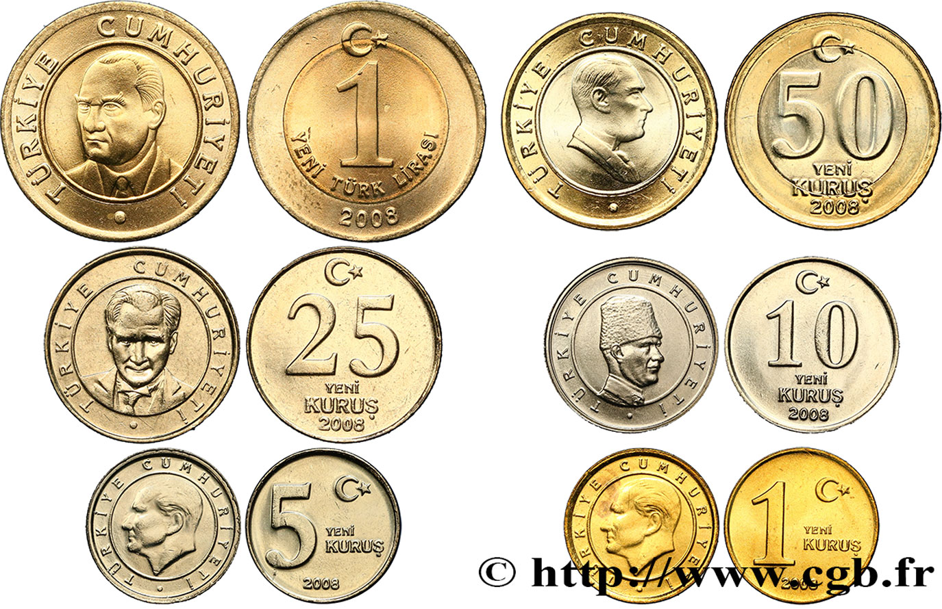 TURKEY Lot de 6 monnaies 1, 5, 10, 25 et 50 Kurus, 1 Lira 2008  MS 