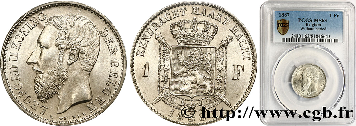 BELGIUM 1 Franc Léopold II légende flamande 1887  MS63 PCGS
