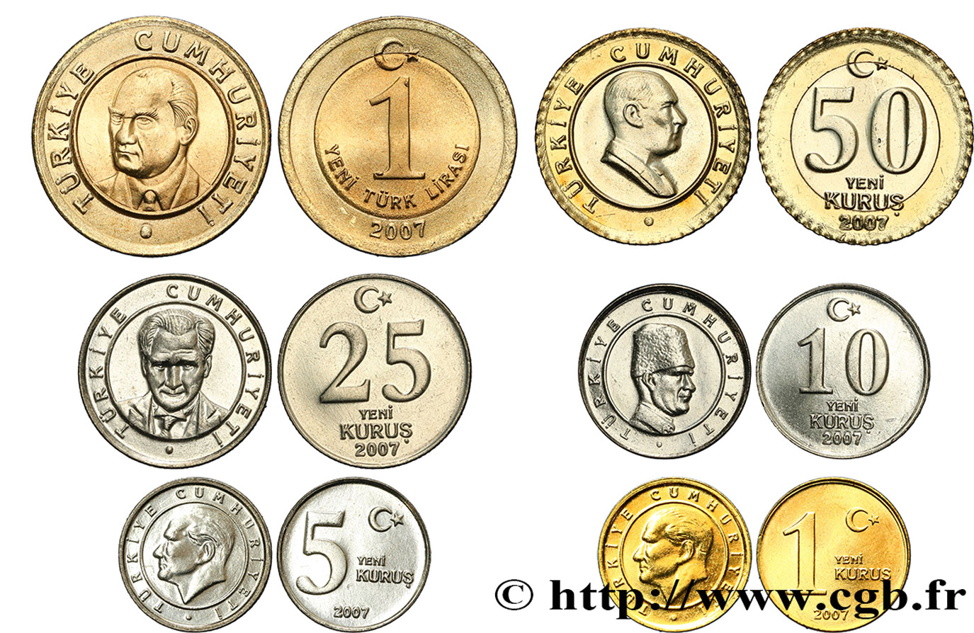 TÜRKEI Lot de 6 monnaies 1, 5, 10, 25 et 50 Kurus, 1 Lira 2007  fST 