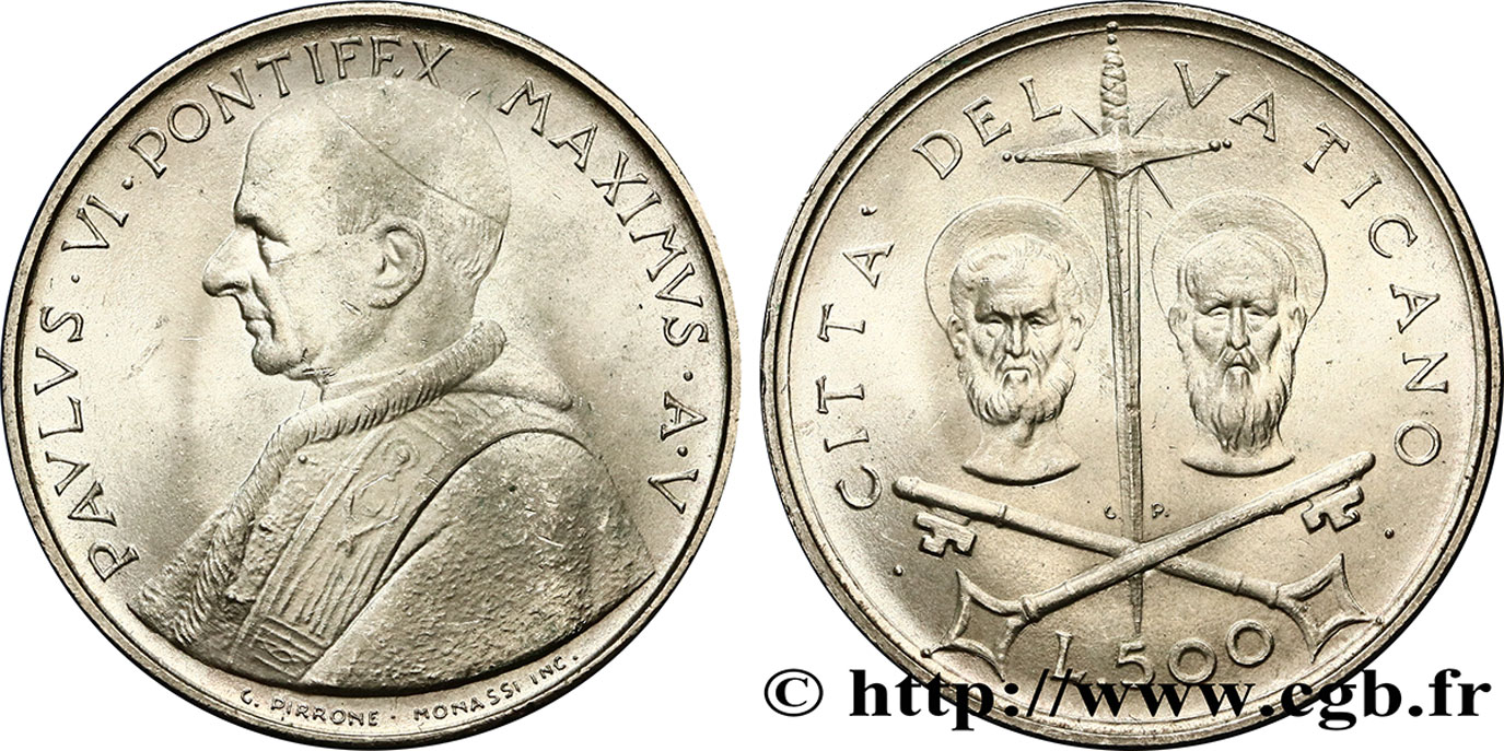 VATIKANSTAAT UND KIRCHENSTAAT 500 Lire Paul VI an V / Saint Pierre et Saint Paul 1967 Rome fST