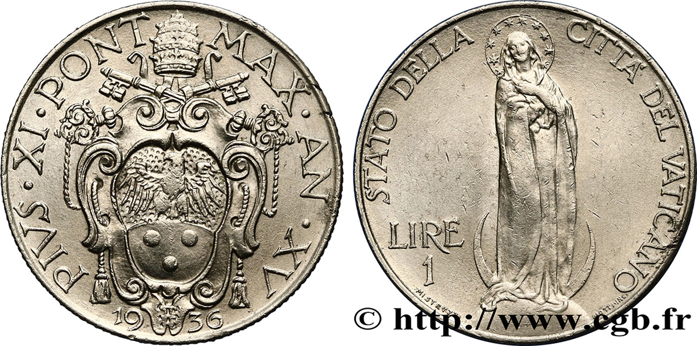 VATICAN AND PAPAL STATES 1 Lire frappe au nom de Pie XI an XV / Vierge sur un globe 1936 Rome AU 