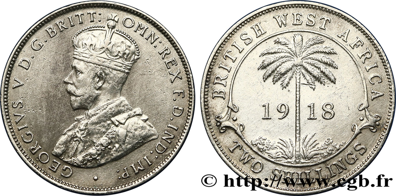 AFRICA DI L OVEST BRITANNICA 2 Shillings Georges V / palmier 1918 Heaton BB 