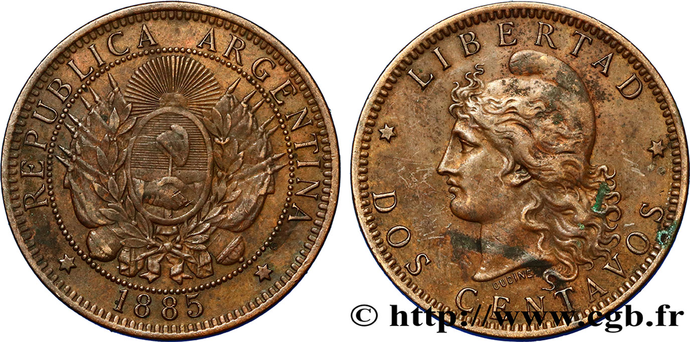 ARGENTINA 2 Centavos “Liberté” 1885  XF 