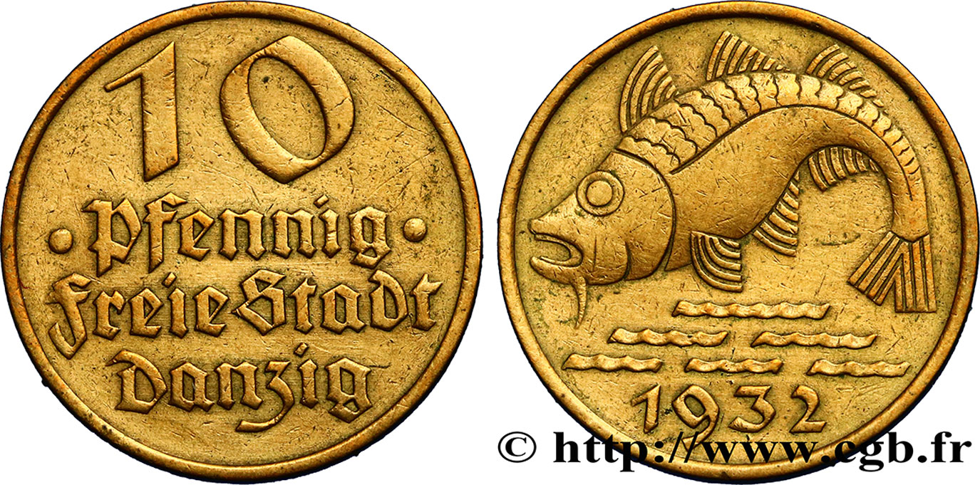 DANZIG (CIUDAD LIBRE) 10 Pfennig poisson 1932 Berlin MBC+ 