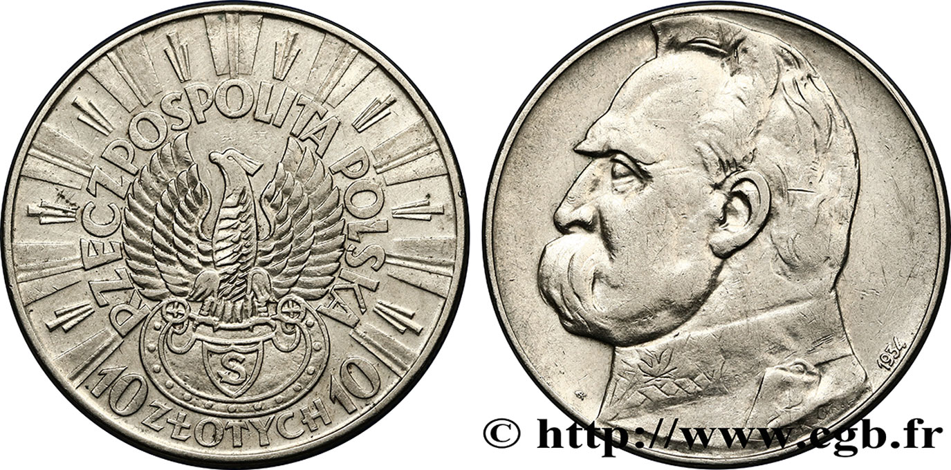 POLOGNE 10 Zlotych Maréchal Pilsudski 1934 Varsovie TTB