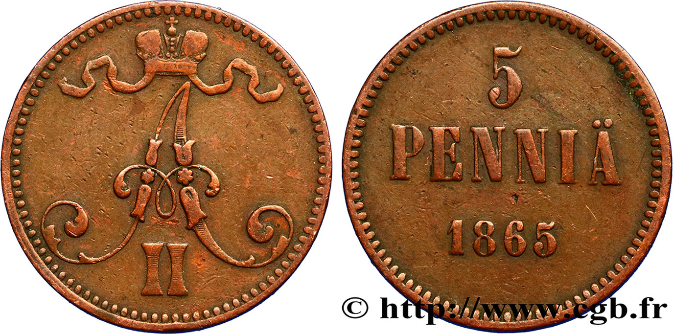 FINLANDE 5 Pennia monogramme Tsar Alexandre III 1865  TTB 