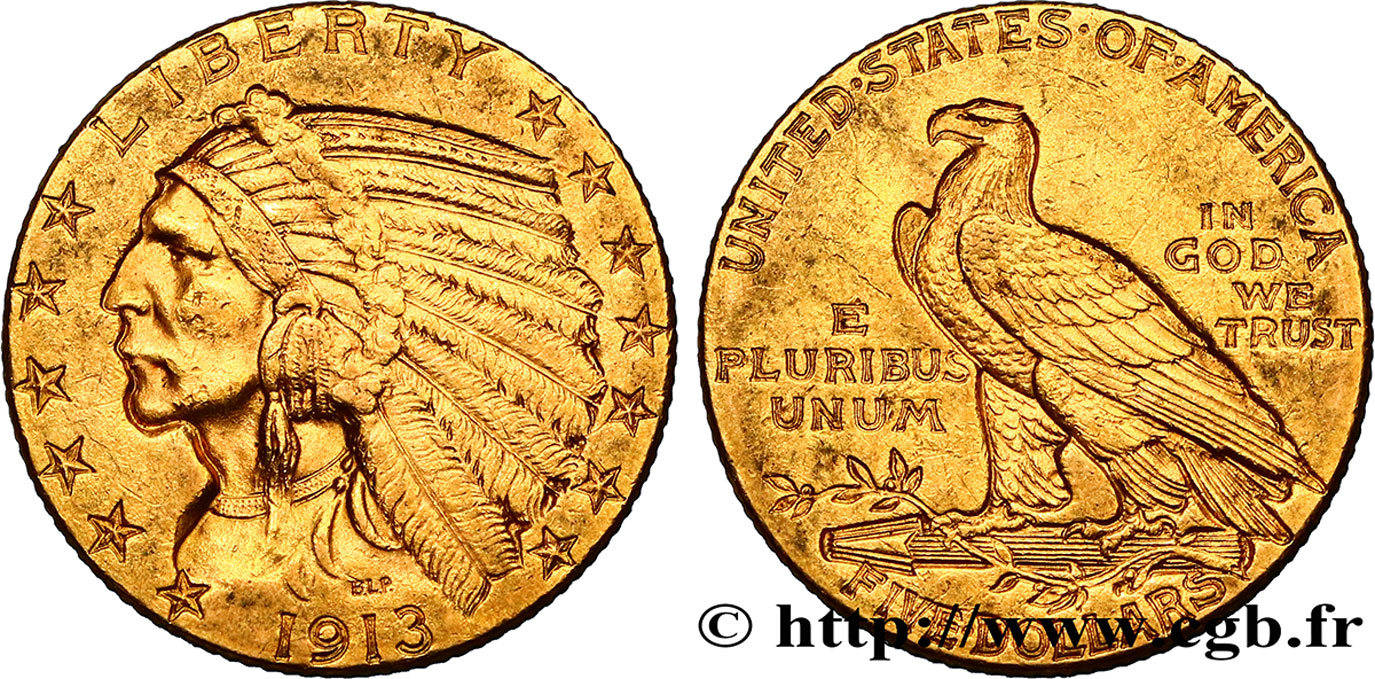 ÉTATS-UNIS D AMÉRIQUE 5 Dollars or  Indian Head  1913 Philadelphie TTB+ 