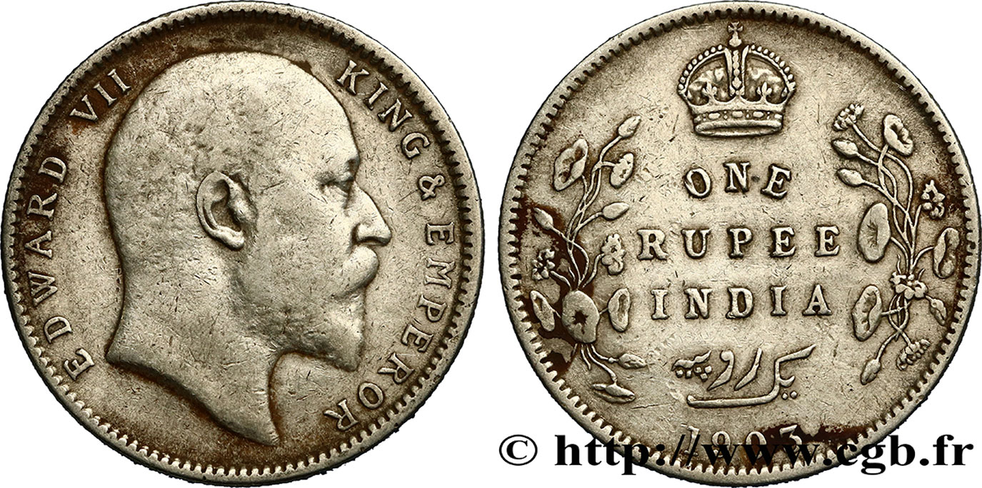 INDES BRITANNIQUES 1 Roupie Edouard VII 1903 Calcutta TB+ 