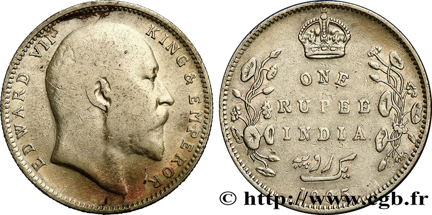 INDES BRITANNIQUES 1 Roupie Edouard VII 1905 Calcutta TB+ 
