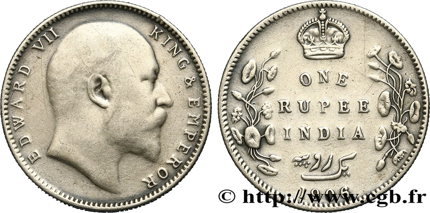 INDES BRITANNIQUES 1 Roupie Edouard VII 1906 Calcutta TB 