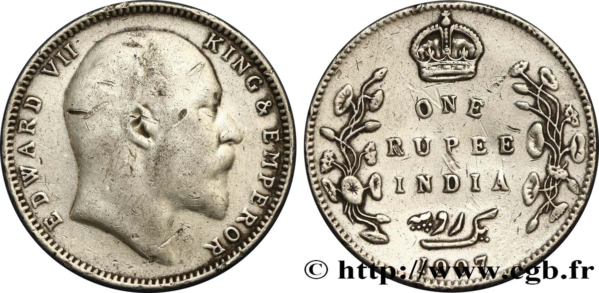 INDIA BRITANNICA 1 Rupee (Roupie) Edouard VII 1907 Calcutta MB 