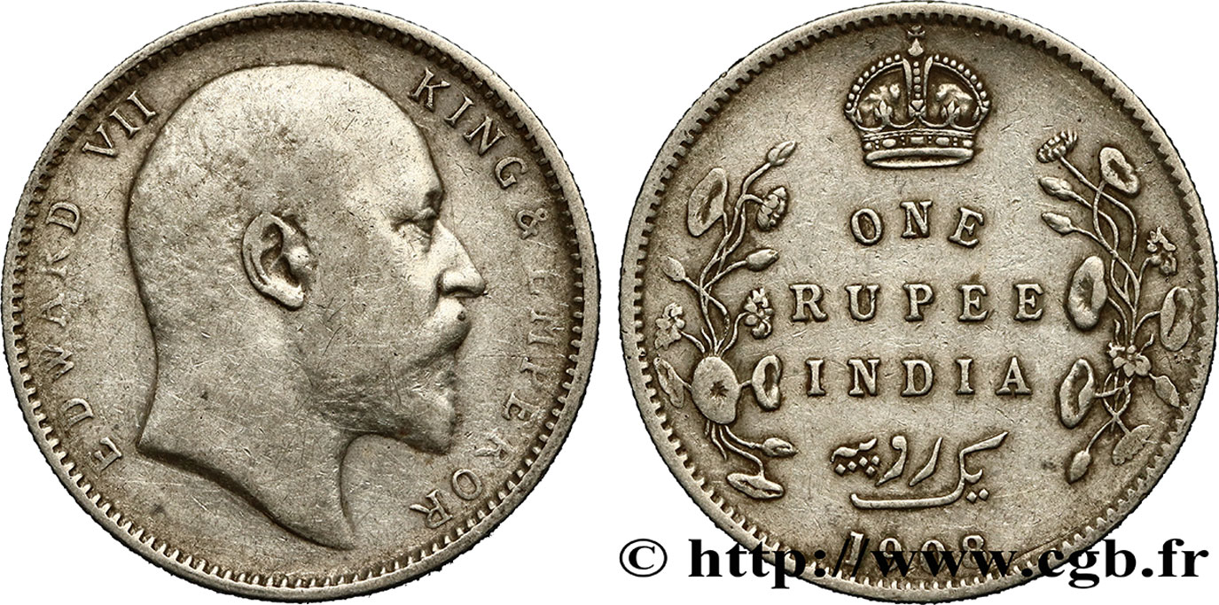 BRITISH INDIA 1 Roupie Edouard VII 1908 Calcutta VF 