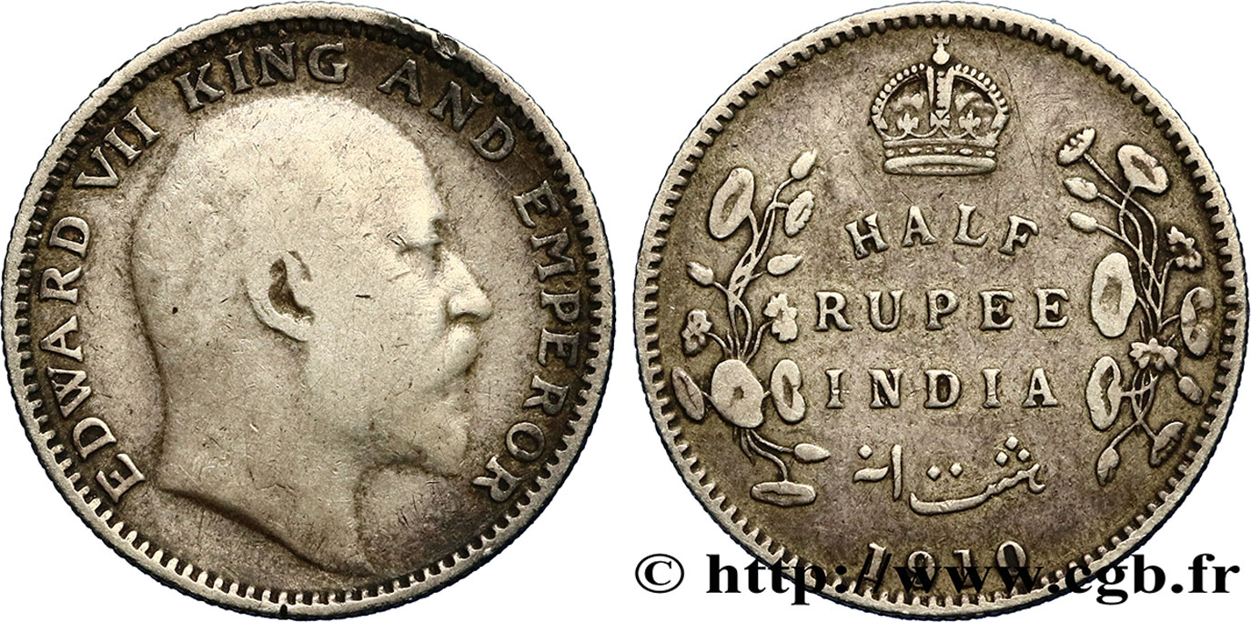 INDES BRITANNIQUES 1/2 Roupie Edouard VII 1910 Calcutta TB+ 