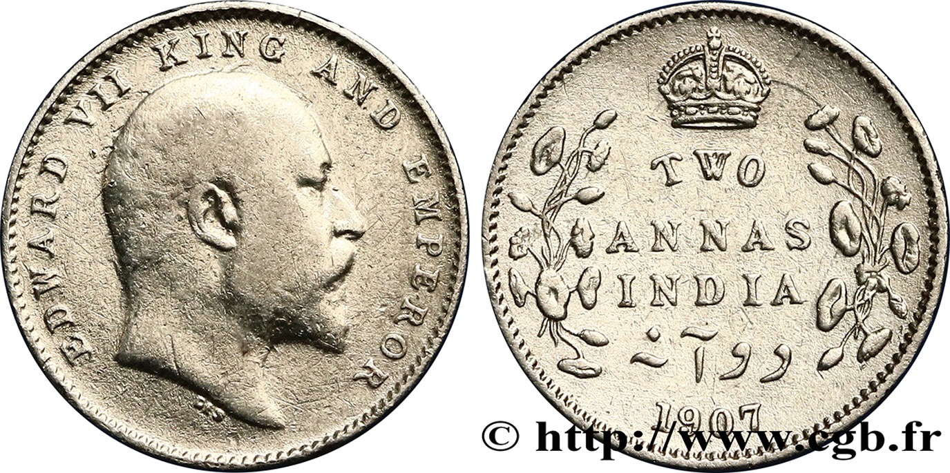 INDES BRITANNIQUES 2 Annas Edouard VII 1907 Calcutta TB+ 